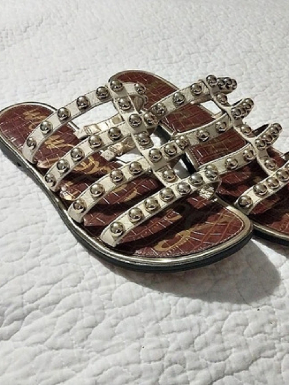Sam Edelman Metalic Silver Studded Strappy Flat Sandals in White & Silver US 7.5